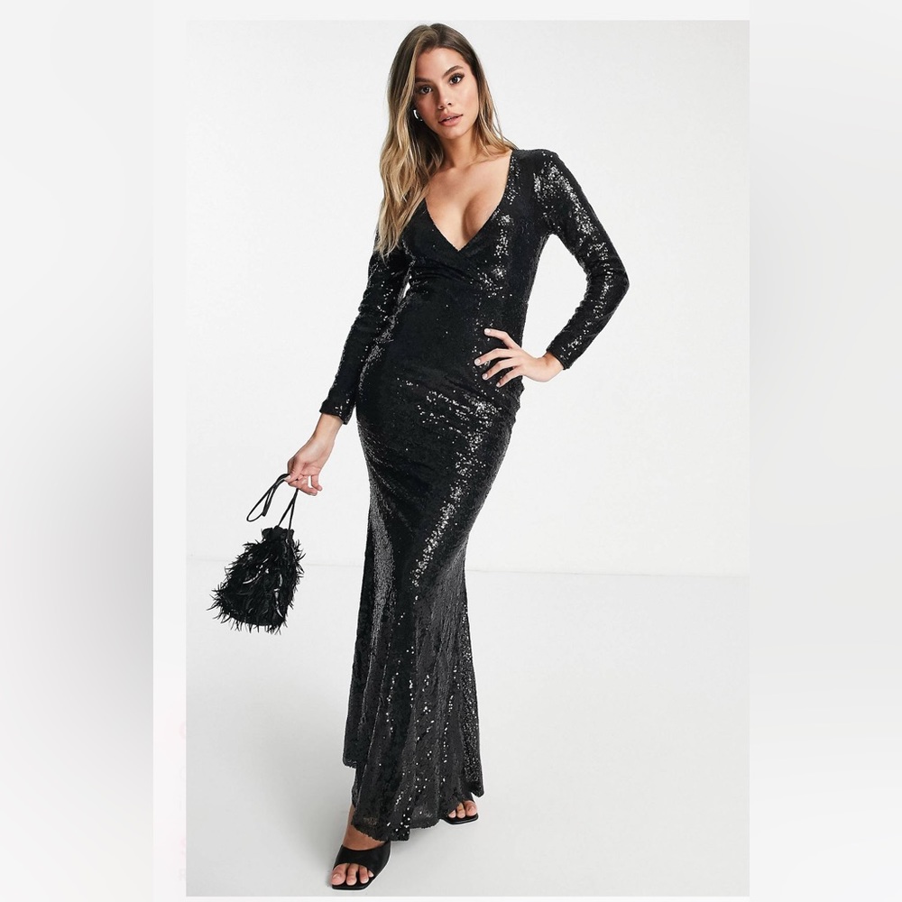 Club L wrap front sequin maxi dress with fishtail in black.